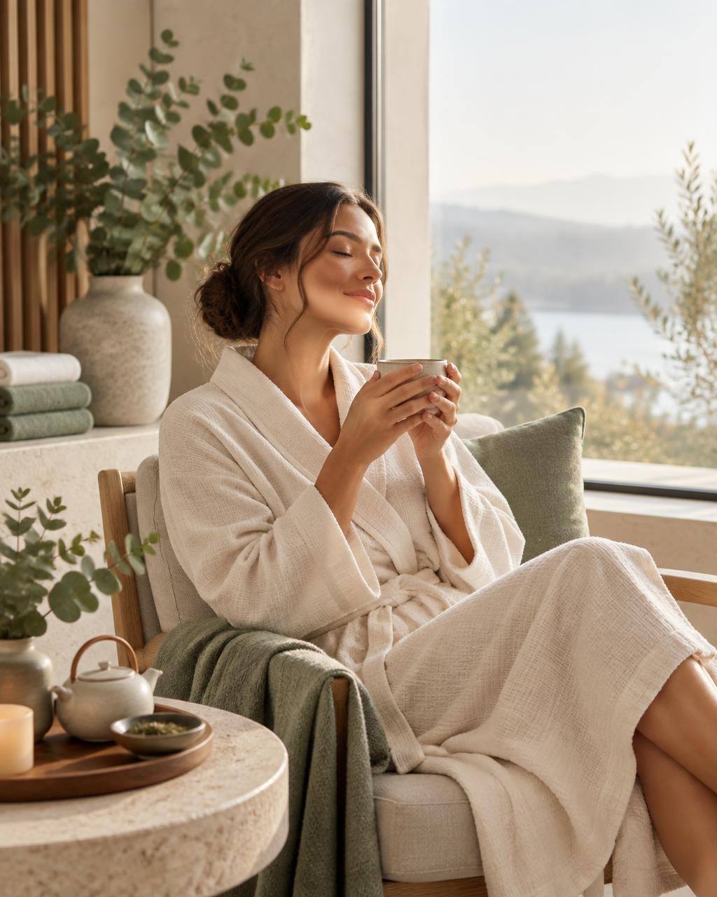 A quiet wellness moment — tea and rest by the window